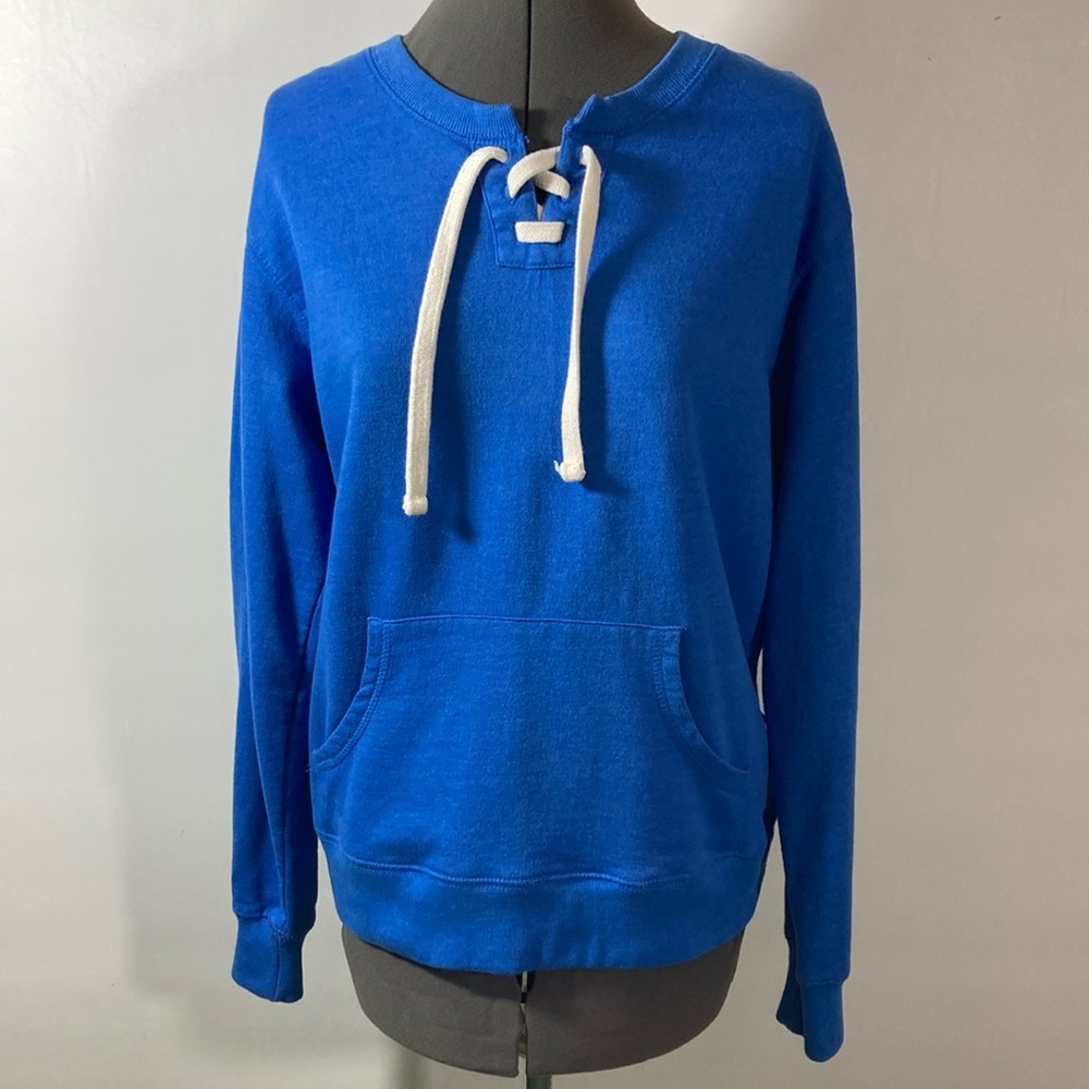 Pennant Sweat Shirt Women Size Large Blue Draw String Placket Kangaroo Pockets